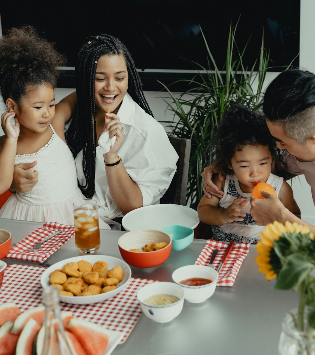 family eating fish dinner